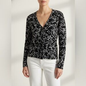 NWT NINE WEST Knitted Cardigan Women S Black White‎ Spotted Abstract V Neck